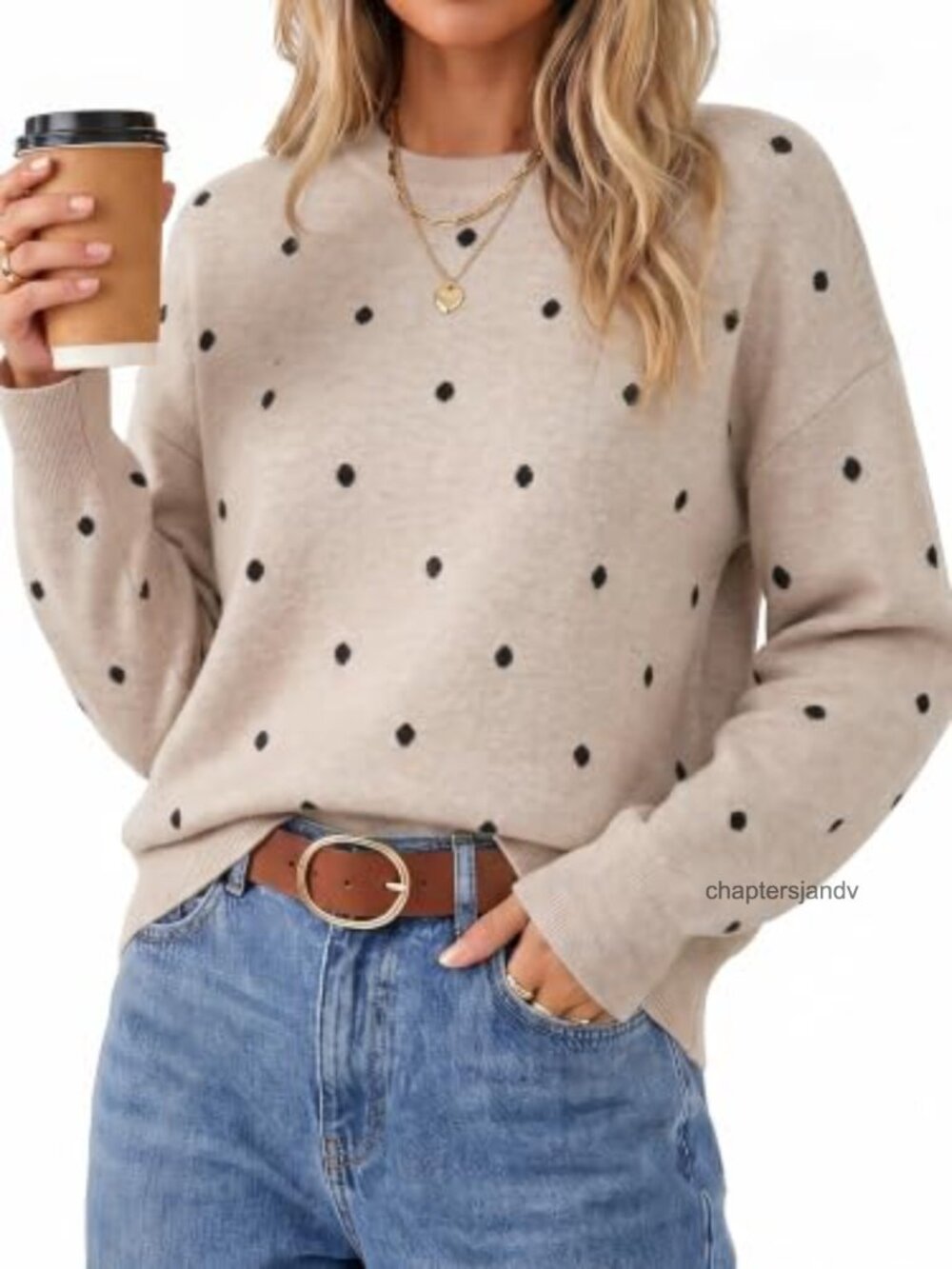 Wool Blend Crew Neck Polka Dot Pullover Sweater Relaxed Fit